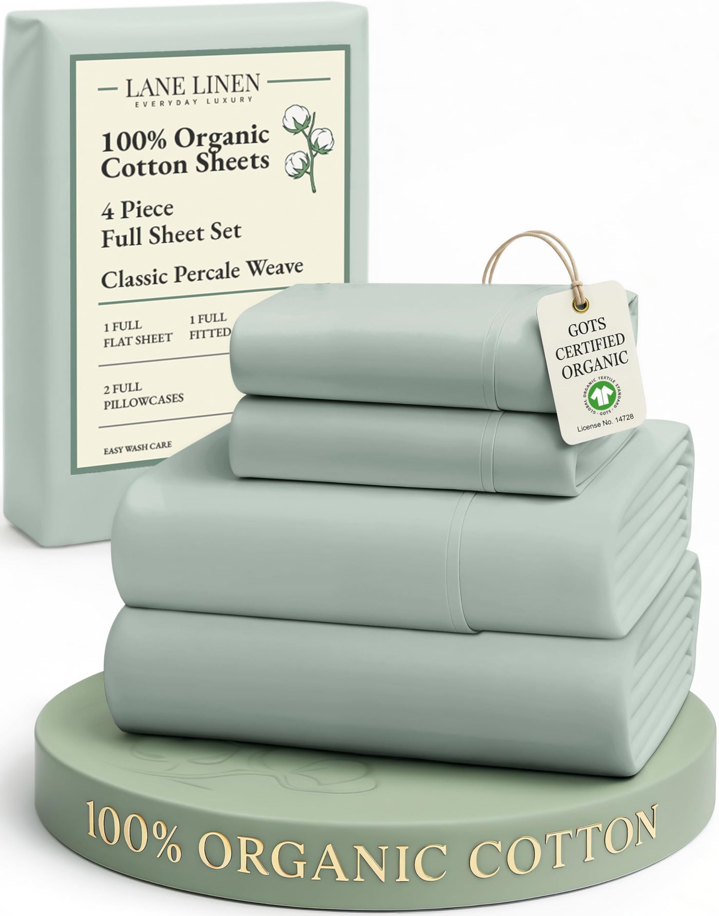 LANE LINEN 100% Organic Cotton Full Sheets Set, Soft & Comfy Percale Weave Fully Elasticized Reinforced Seams Sustainably Produced Oeko Tex Certified Deep Pocket Cotton Full Size Sheet - Cool Blue
